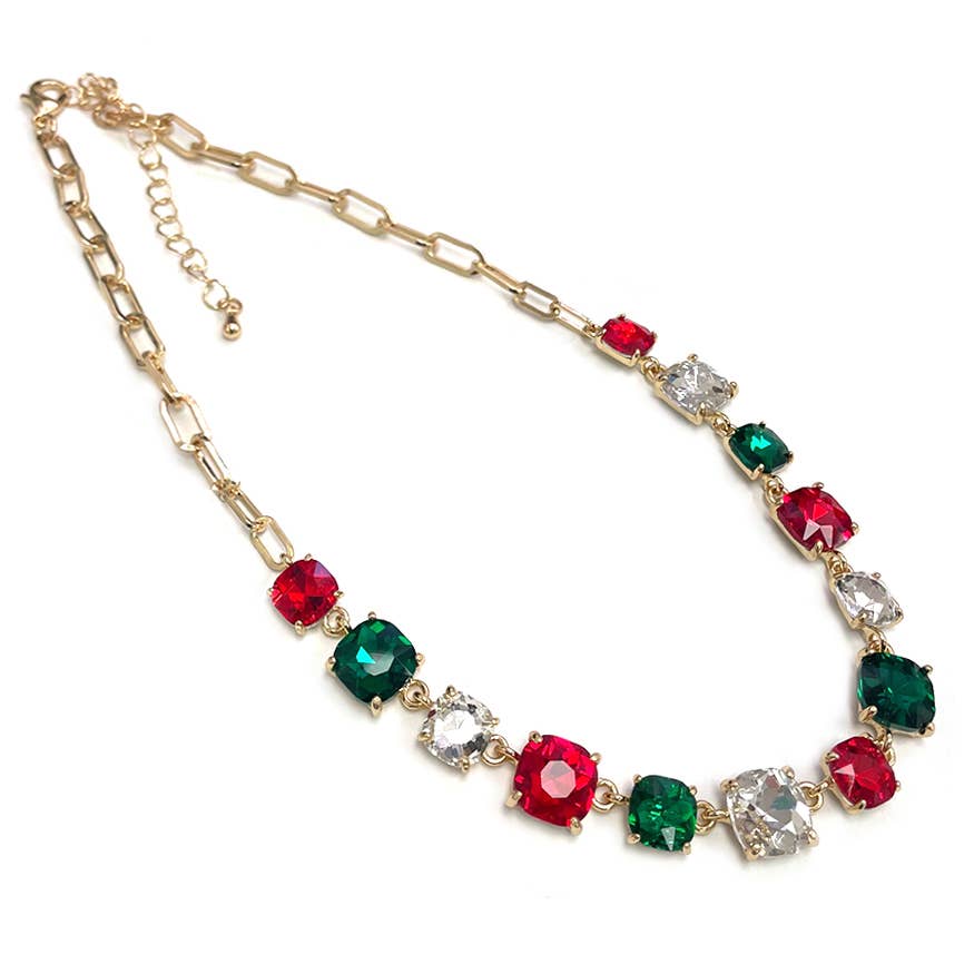 Cushion Cut Square Glass Crystal Linked Chain Necklace: BLUE(BU)-AB