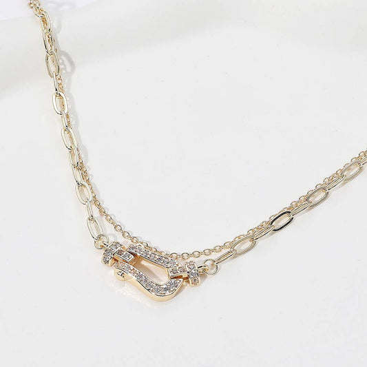 14K Gold Plated CZ Buckle Pointed Chain Layered Necklace: Yellow Gold
