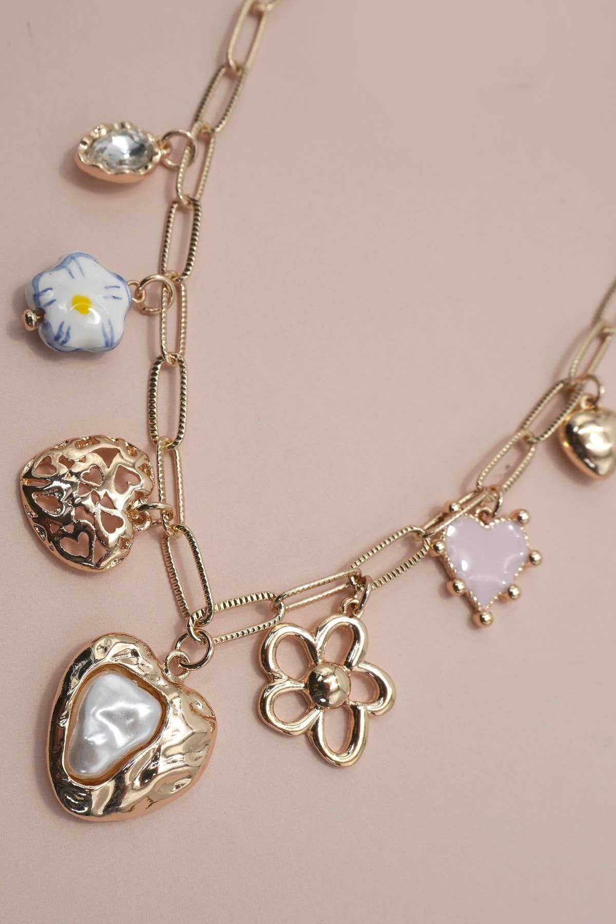 CHARM NECKLACE-PORCELAIN HEART FLOWER CHARM