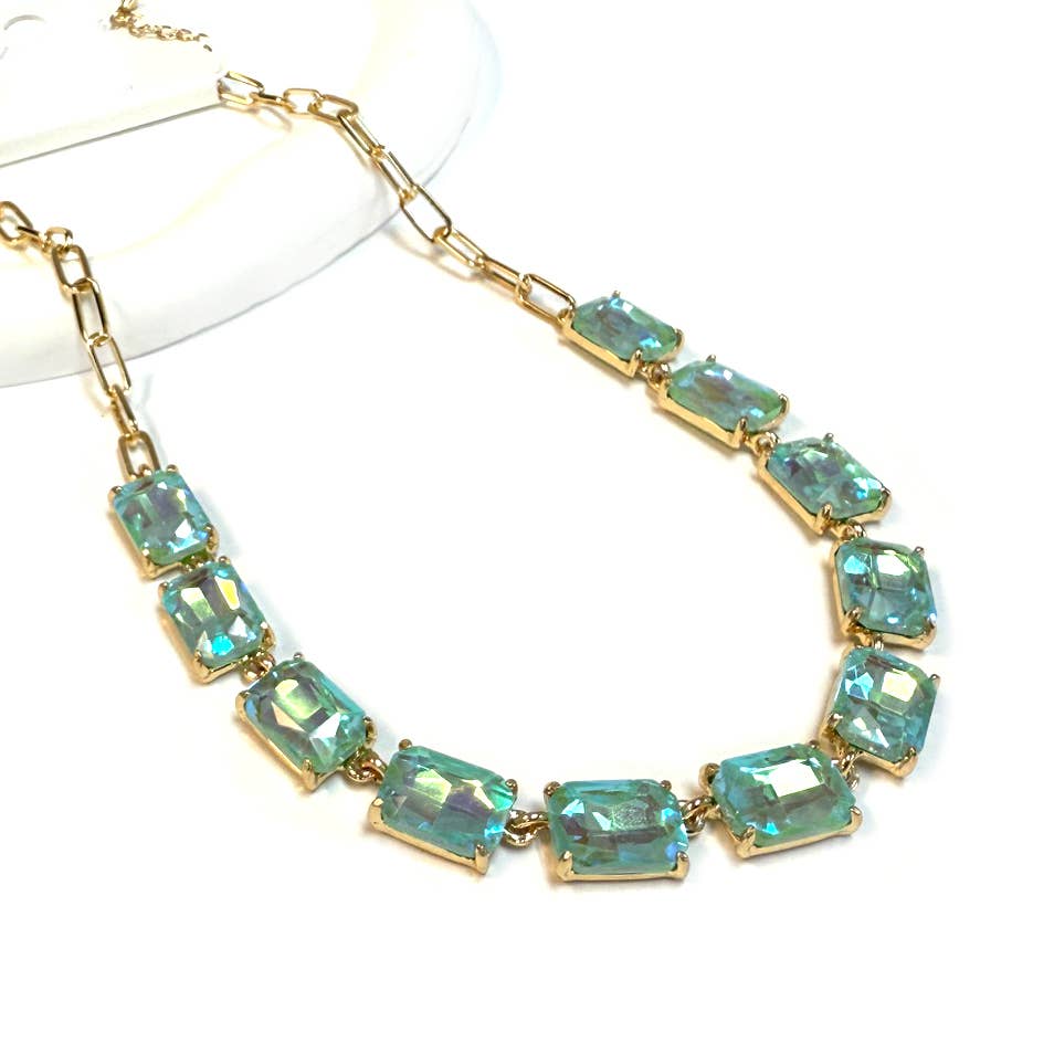 Rectangle Crystal Glass Linked Statement Chain Necklace : Blackdia-AB
