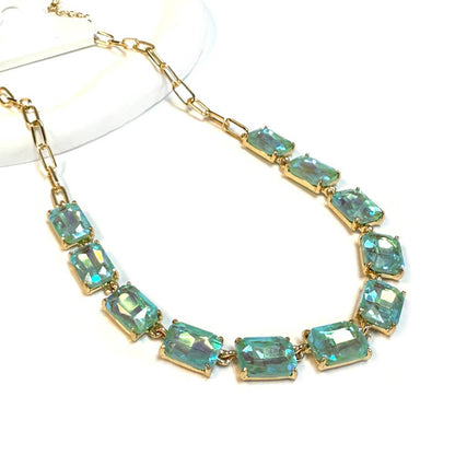 Rectangle Crystal Glass Linked Statement Chain Necklace : Blackdia-AB