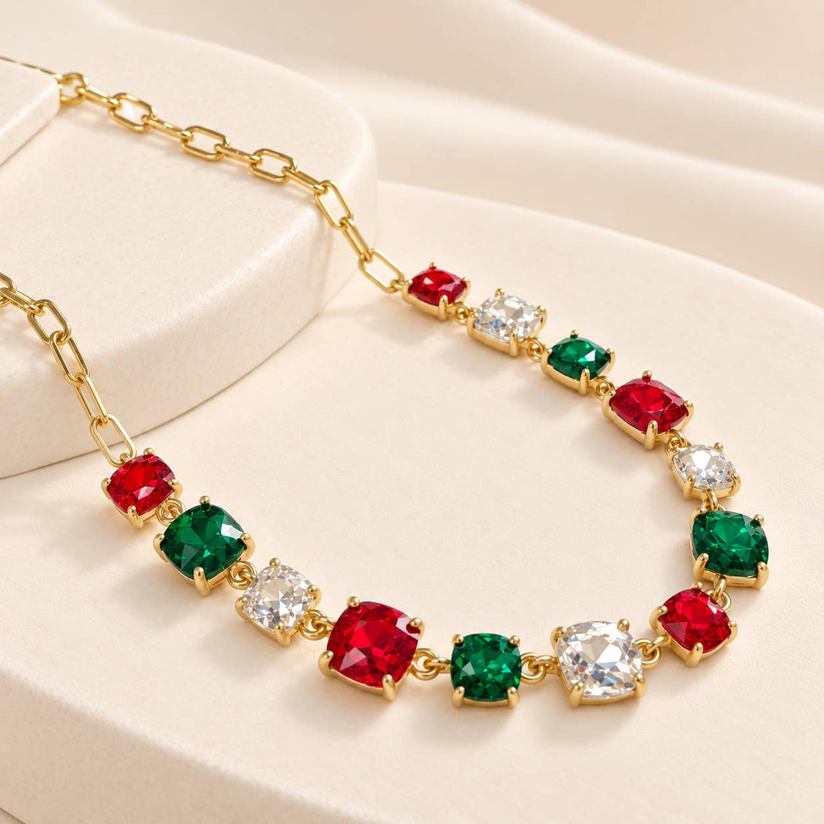 Cushion Cut Square Glass Crystal Linked Chain Necklace : GORGEOUS MULTI 2