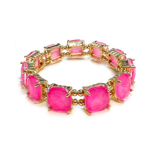 Neon Cushion Cut Glass Crystal Linked Stretch Bracelet: Neon-Fuchsia