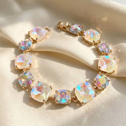Cushion Cut Glass Crystal Linked Station Bracelet: Green Multi