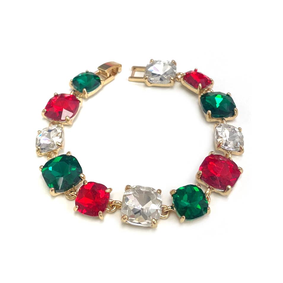 Cushion Cut Glass Crystal Linked Station Bracelet: Green Multi
