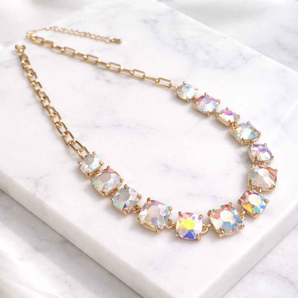 Cushion Cut Square Glass Crystal Linked Chain Necklace : GORGEOUS MULTI 2
