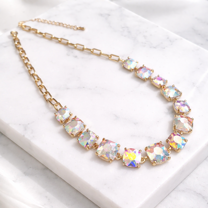 Cushion Cut Square Glass Crystal Linked Chain Necklace : GORGEOUS MULTI 2