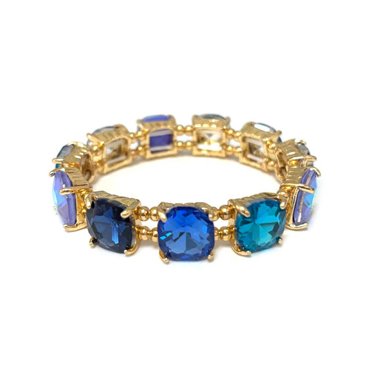 Cushion Cut Glass Crystal Linked Stretch Bracelet: BLUE-MULTI