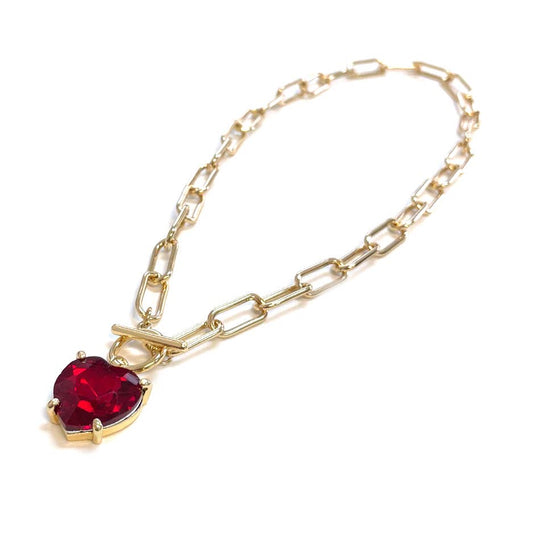 Heart Glass Crystal Bead Pendant with Toggle T bar Necklace: Red