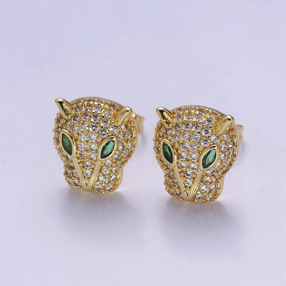 Gold Pave Crystal Leopard Head Ear Stud Earring T-415 T-416: Gold