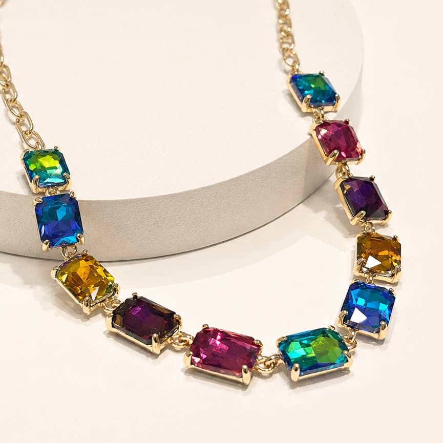 Rectangle Crystal Glass Linked Statement Chain Necklace : Blackdia-AB
