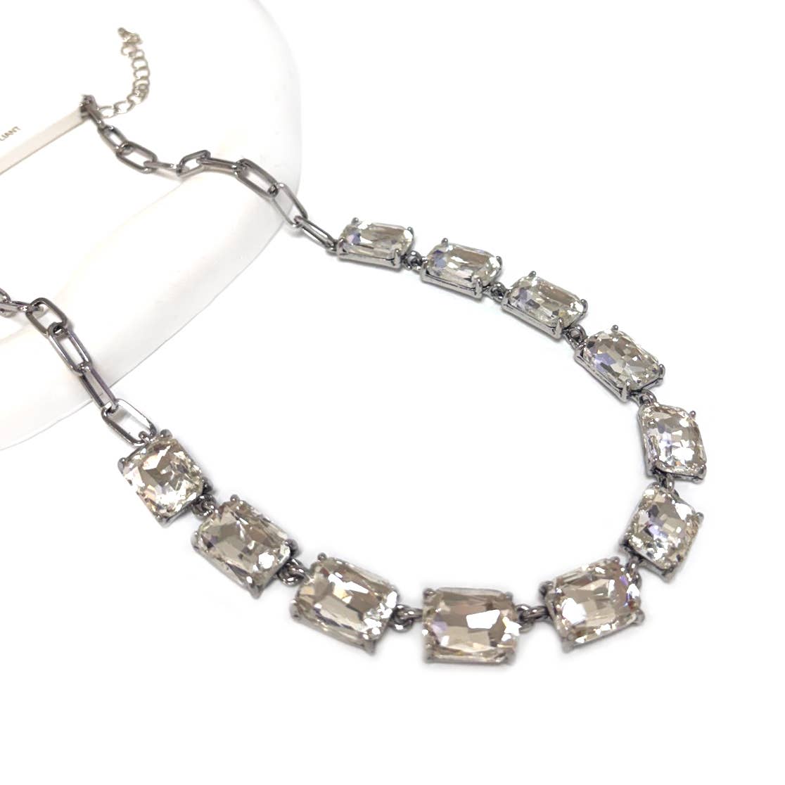 Rectangle Crystal Glass Linked Statement Chain Necklace : Blackdia-AB