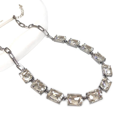 Rectangle Crystal Glass Linked Statement Chain Necklace : Blackdia-AB