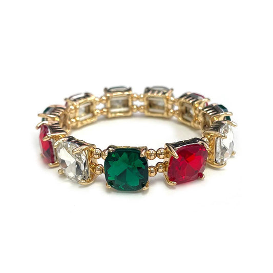 Cushion Cut Glass Crystal Linked Stretch Bracelet: SILVER-CLEAR