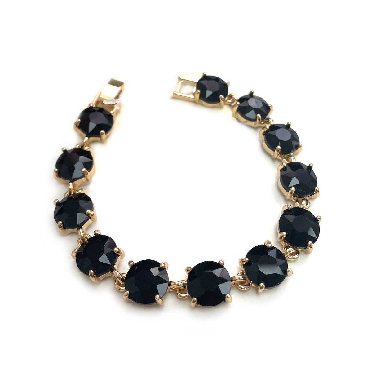 Round Cushion Cut Crystal Glass Linked Bracelet: ANTIQUE-SILVER-BLACK-MULTI