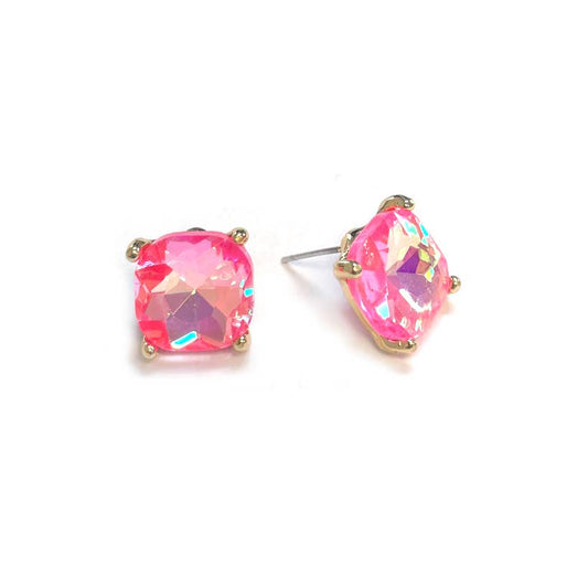 Neon 12mm Cushion Cut Glass bead stud Earrings: Neon Fuchsia AB