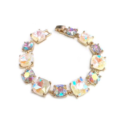 Cushion Cut Glass Crystal Linked Station Bracelet: 2TONE-WHITE-AB