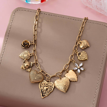 Vintage Gold-Tone Heart Charm Cluster Necklace