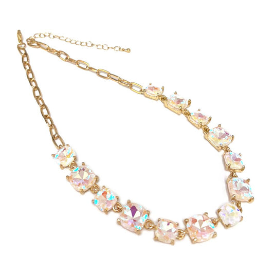 Cushion Cut Square Glass Crystal Linked Chain Necklace: WHITE-AB