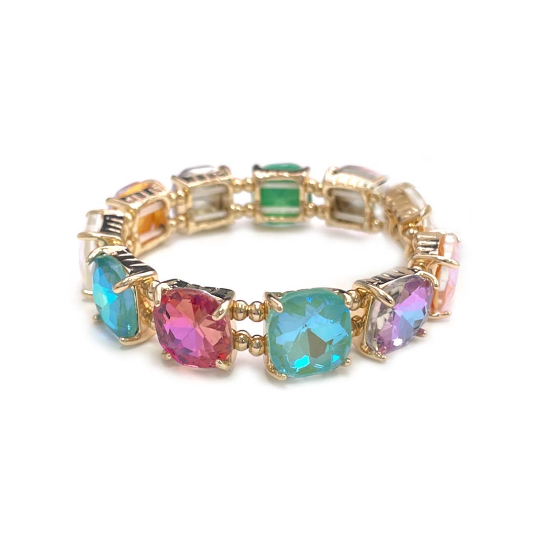 Cushion Cut Glass Crystal Linked Stretch Bracelet: BLUE-MULTI