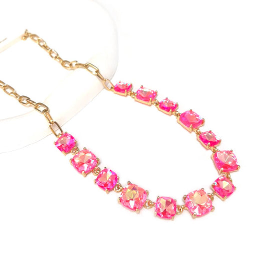 Neon Cushion Cut Glass Linked Chain Necklace: NEON-FUCHSIA AB