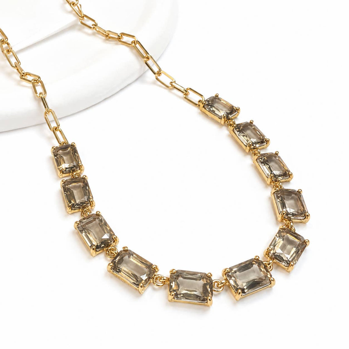 Rectangle Crystal Glass Linked Statement Chain Necklace : Blackdia-AB