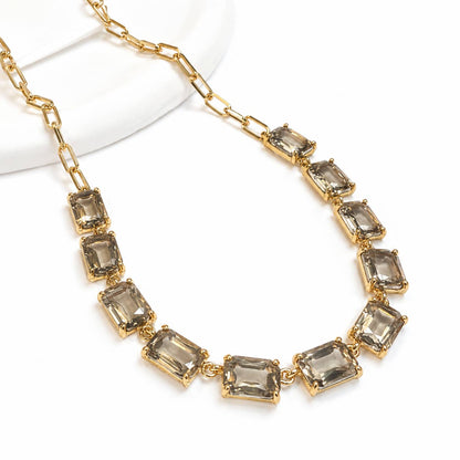 Rectangle Crystal Glass Linked Statement Chain Necklace : Blackdia-AB
