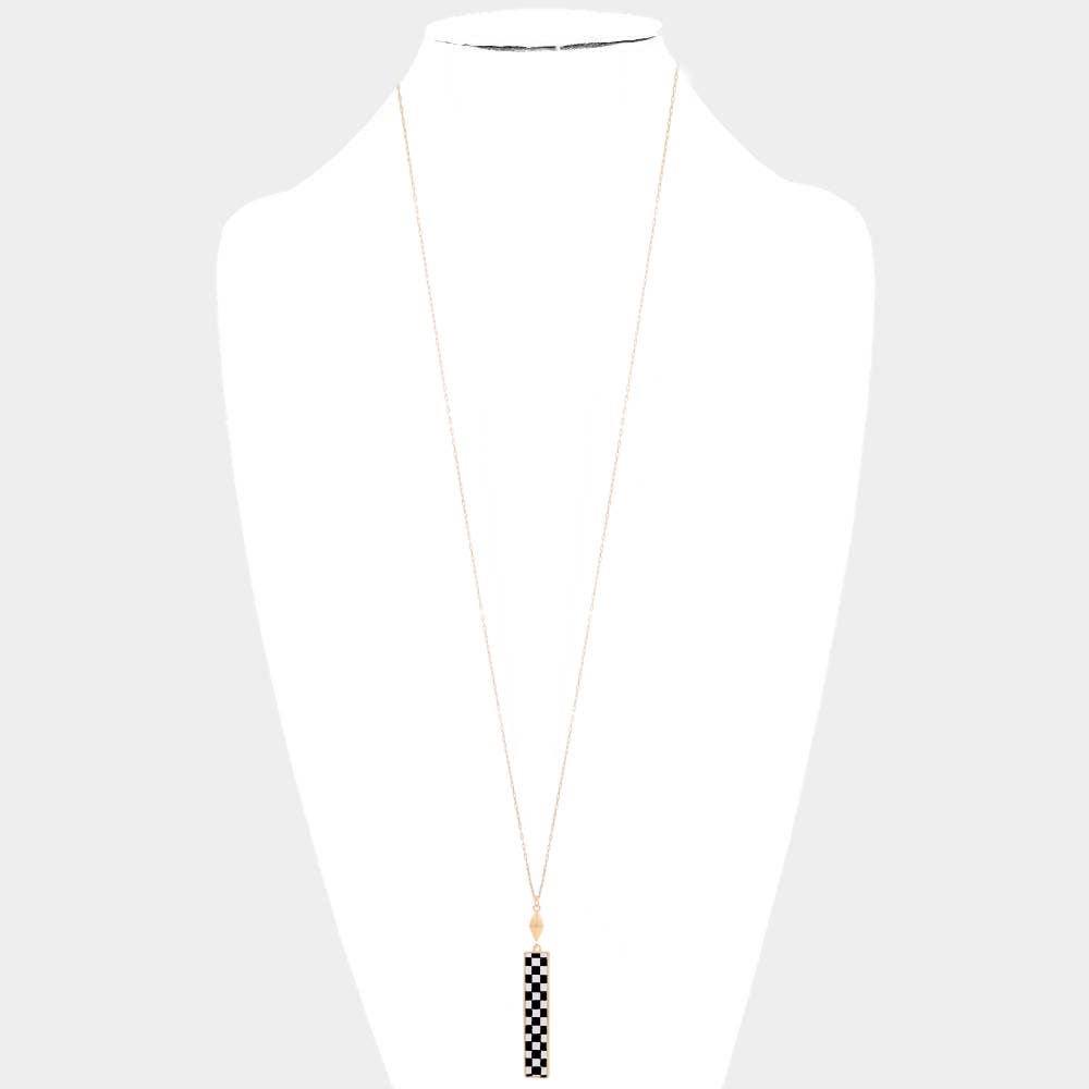 Checkerboard Rectangle Pendant Long Necklace: Jet Black