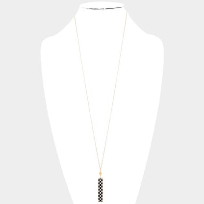 Checkerboard Rectangle Pendant Long Necklace: Jet Black