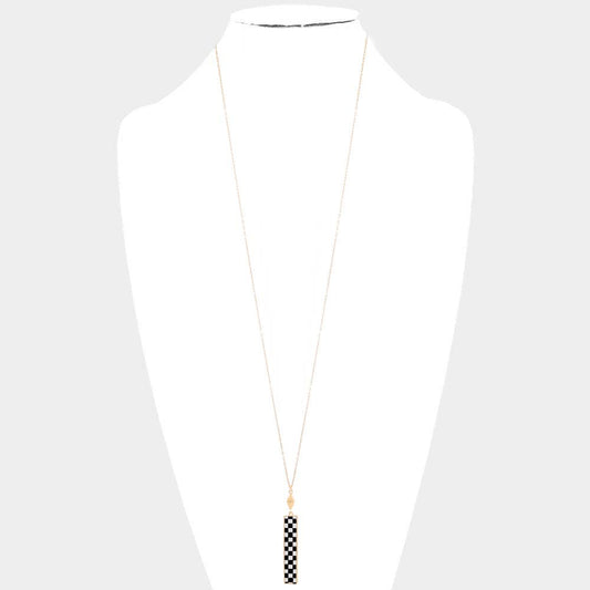 Checkerboard Rectangle Pendant Long Necklace: Jet Black
