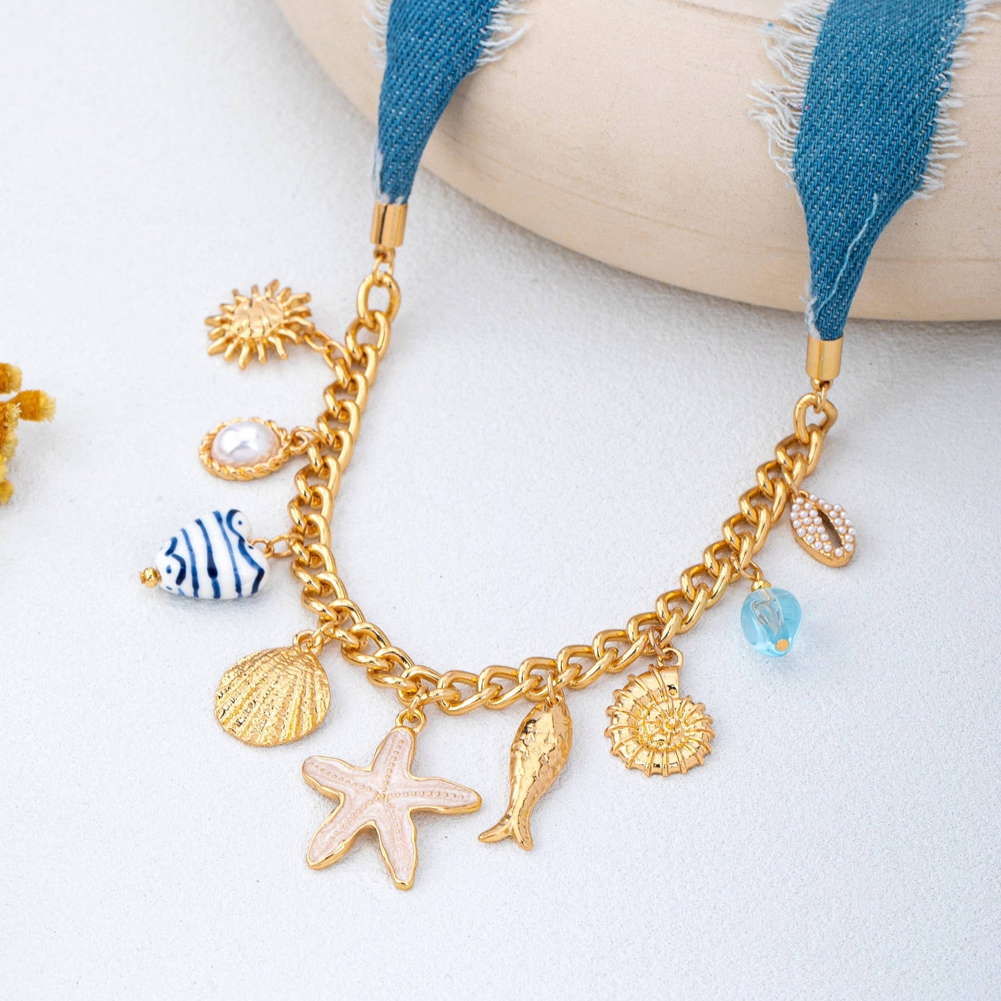 Sea Life Multi Charm- Boho Coastal Denim Necklace
