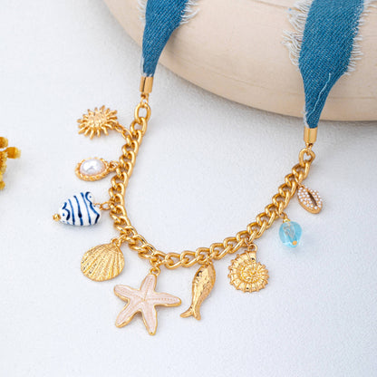 Sea Life Multi Charm- Boho Coastal Denim Necklace
