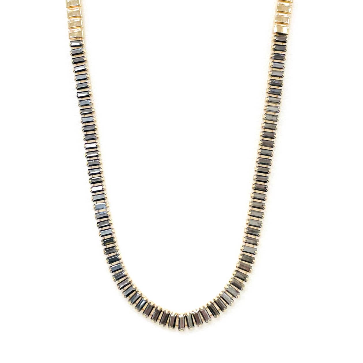 Cubic Zirconia CZ Baguette Bead Linked Choker Necklace: Hematite