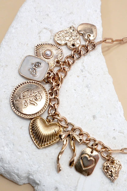 CHARM NECKLACE-CUSTER BOW HEART PEARL LINK