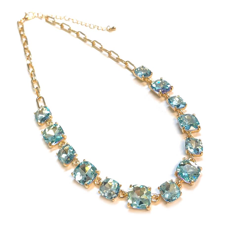 Cushion Cut Square Glass Crystal Linked Chain Necklace: X-CLEAR