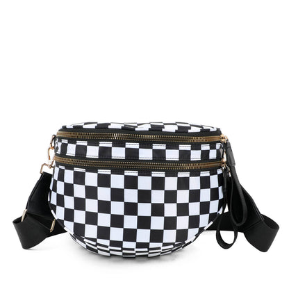 Paulina Nylon Waterproof Multi-Compartment 10" Crossbody Bag: Black White Checker